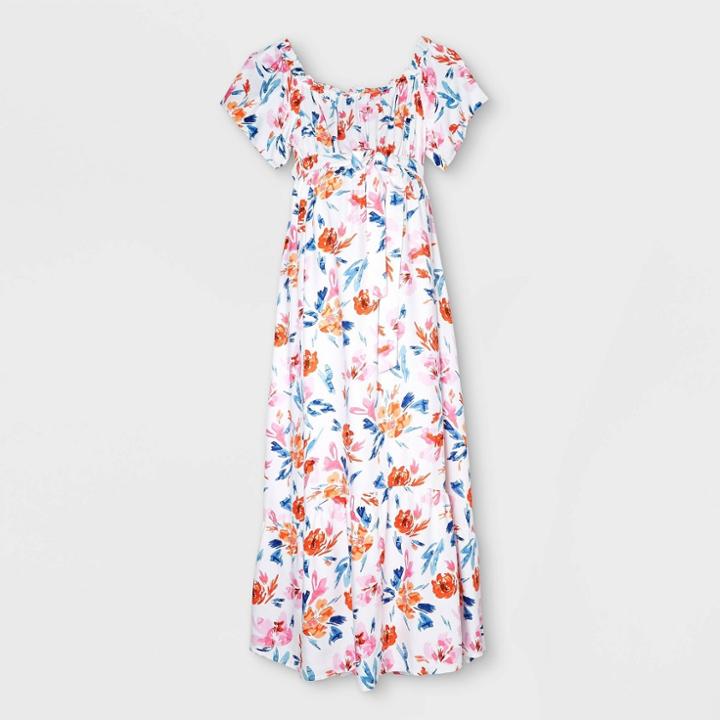 Floral Print Short Sleeve Woven Maternity Dress - Isabel Maternity By Ingrid & Isabel White