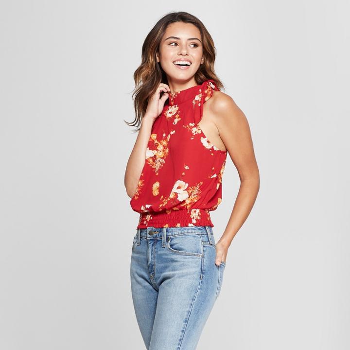 Women's Floral Print Neck Tie Woven Tank - Xhilaration Red