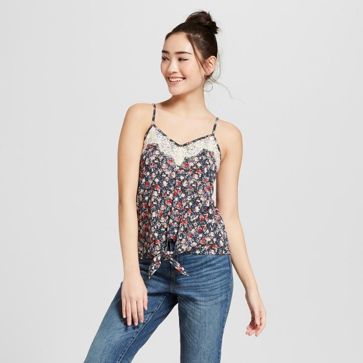 Women's Floral Print Tie Front Cami With Lace Trim - Xhilaration Blue