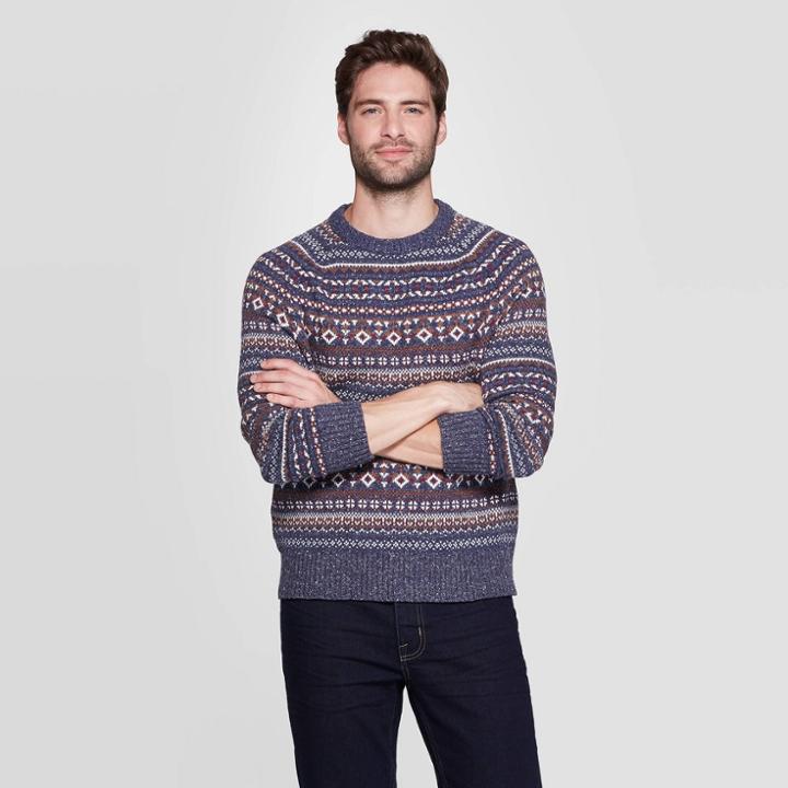 Men's Jacquard Casual Fit Long Sleeve Crew Neck Fairisle Holiday Pullover - Goodfellow & Co Navy Xl,
