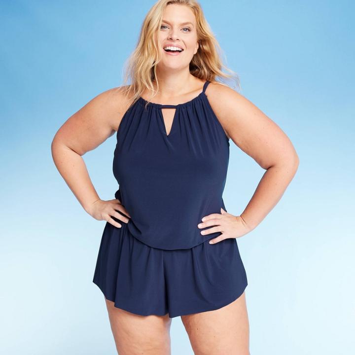 Women's Plus Size High Neck Swim Romper - Aqua Green Navy 18w, Women's, Blue