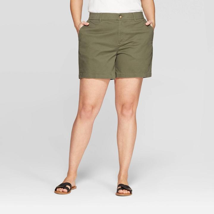Women's Plus Size 5 Chino Shorts With Comfort Waistband - Ava & Viv Olive (green)