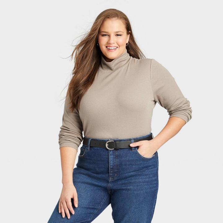 Women's Plus Size Long Sleeve Relaxed Turtleneck T-shirt - Ava & Viv Costal Gray