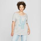 Women's Plus Size Short Sleeve Cactus Rock & Roll Clavicle Cut-out Graphic T-shirt - Zoe+liv (juniors') Heather Gray