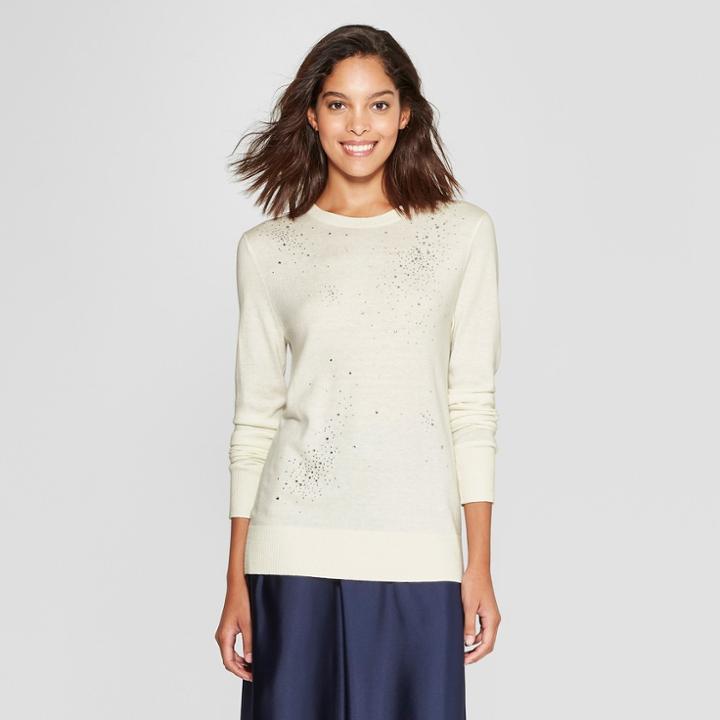 Women's Crew Neck Shine Pullover Sweater - A New Day Cream (ivory)