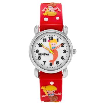 Unisex Geneva Platinum Kid's Mermaid And Seashell Silicone Strap Watch - Red