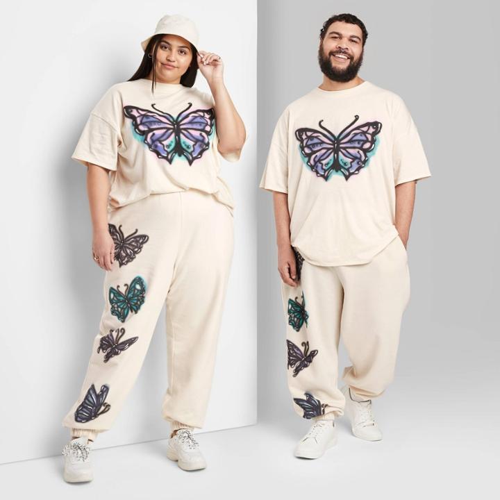 Plus Size High-rise Fleece Sweatpants - Wild Fable Light Beige Butterfly