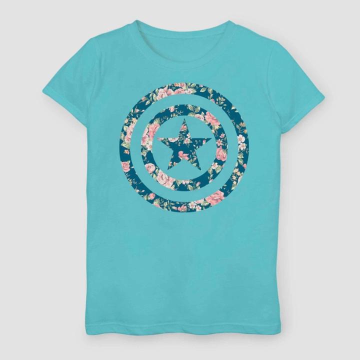 Girls' Marvel Captain America Floral Short Sleeve T-shirt - Aqua Blue