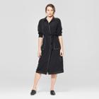 Women's Long Sleeve Collared Topstitching Midi Dress - Prologue Black