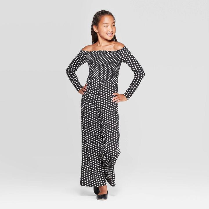 Girls' Polka Dot Off The Shoulder Smocked Jumpsuit - Art Class Black
