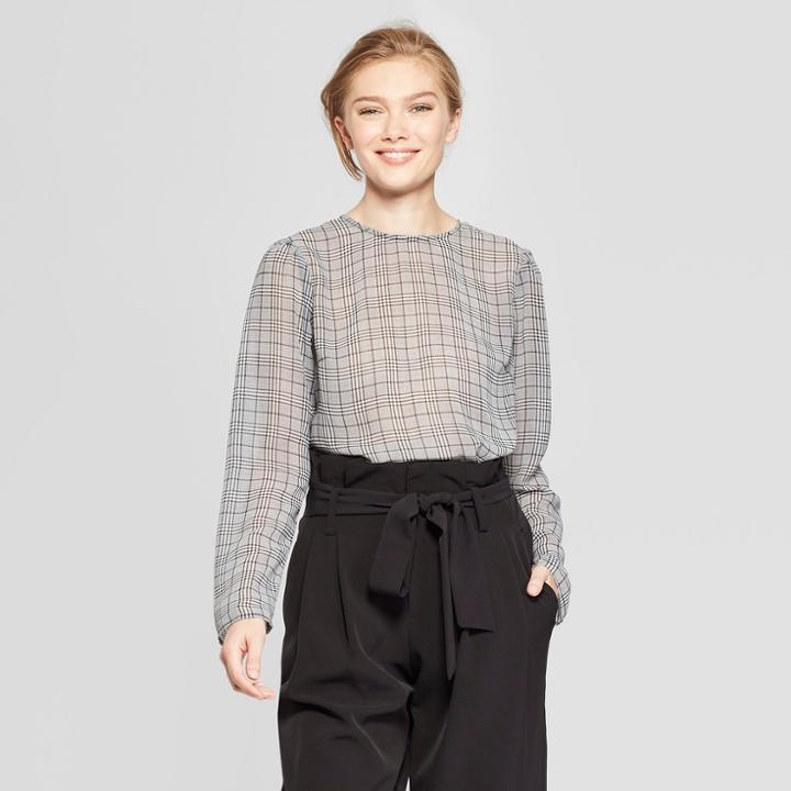 Women's Plaid Long Sleeve Menswear Blouse - A New Day Black