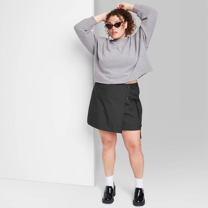 Women's Plus Size Wrap Front Mini Skirt - Wild Fable Black Pinstriped
