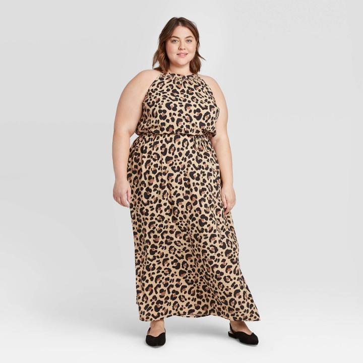 Women's Plus Size Animal Print Sleeveless Smocked Halter Neck Maxi Dress - Ava & Viv Beige X, Women's