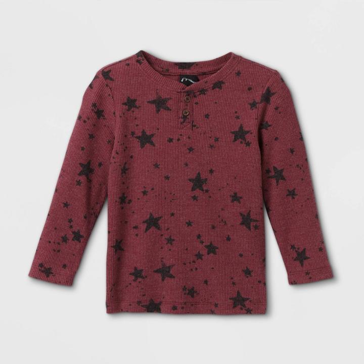 Toddler Boys' Cozy Waffle Star Print Long Sleeve Henley Shirt - Art Class Maroon