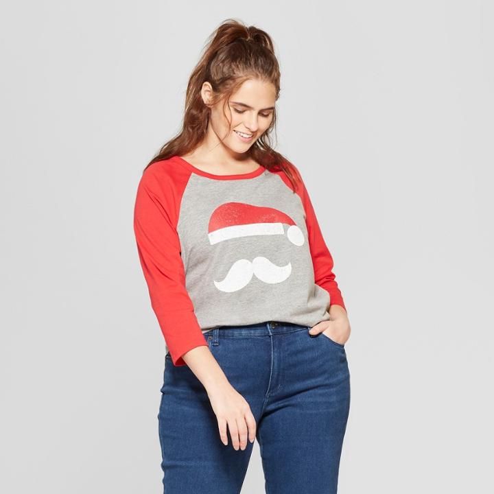 Women's Plus Size 3/4 Sleeve Christmas Santa Silhouette Raglan Graphic T-shirt - Modern Lux (juniors') Gray