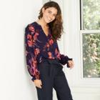 Women's Floral Print Long Sleeve Romantic Ruffle Blouse - A New Day Navy