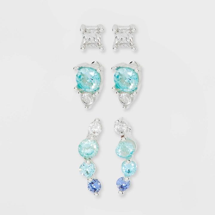 14k Gold Dipped Cubic Zirconia Trio Stud Earring Set - A New Day Blue