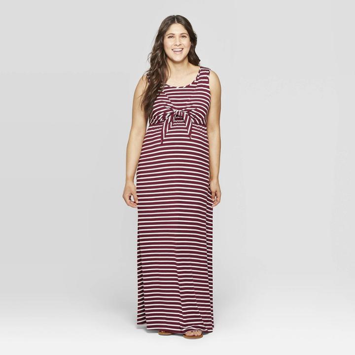 Maternity Striped Sleeveless Round Neck Tie Front Nursing Maxi Dress - Isabel Maternity By Ingrid & Isabel Burgundy Xl, Women's, Red