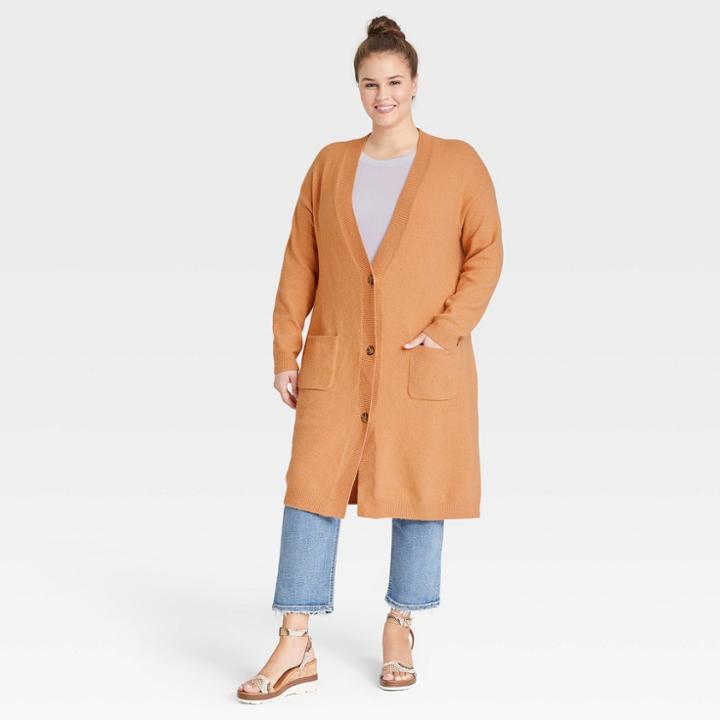 Women's Plus Size Button-down Cardigan - Ava & Viv Camel X