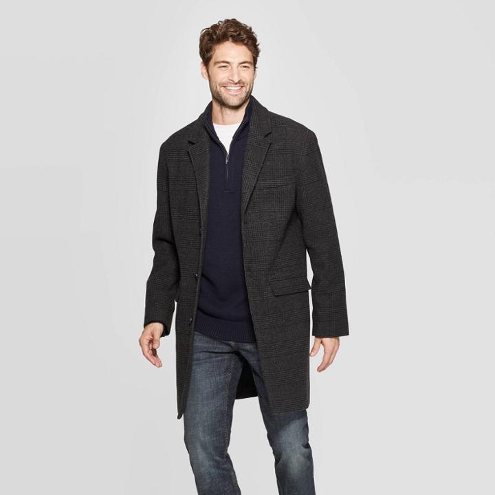 Men's Plaid Standard Fit Overcoat - Goodfellow & Co Dark Heather L, Men's, Size: