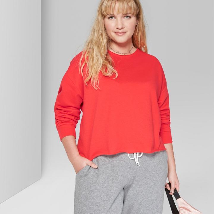 Women's Plus Size Raw Edge Crew Sweatshirt - Wild Fable Rocker Red