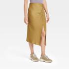 Women's Ruched Satin Midi Slip Skirt - A New Day Olive Green