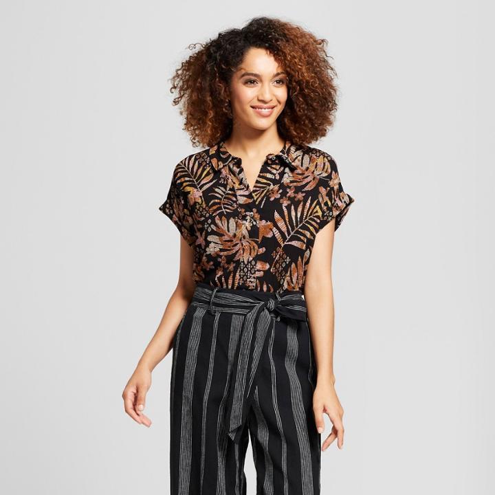 Women's Printed Short Sleeve Popover Shirt - A New Day Black