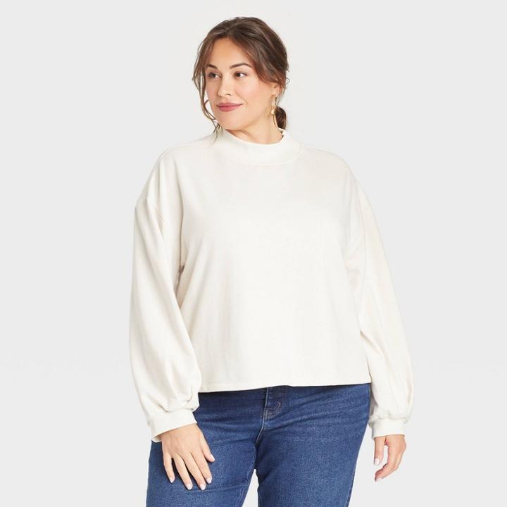 Women's Plus Size Long Sleeve Fleece Cropped Mock Turtleneck Pullover Shirt - Ava & Viv Cream