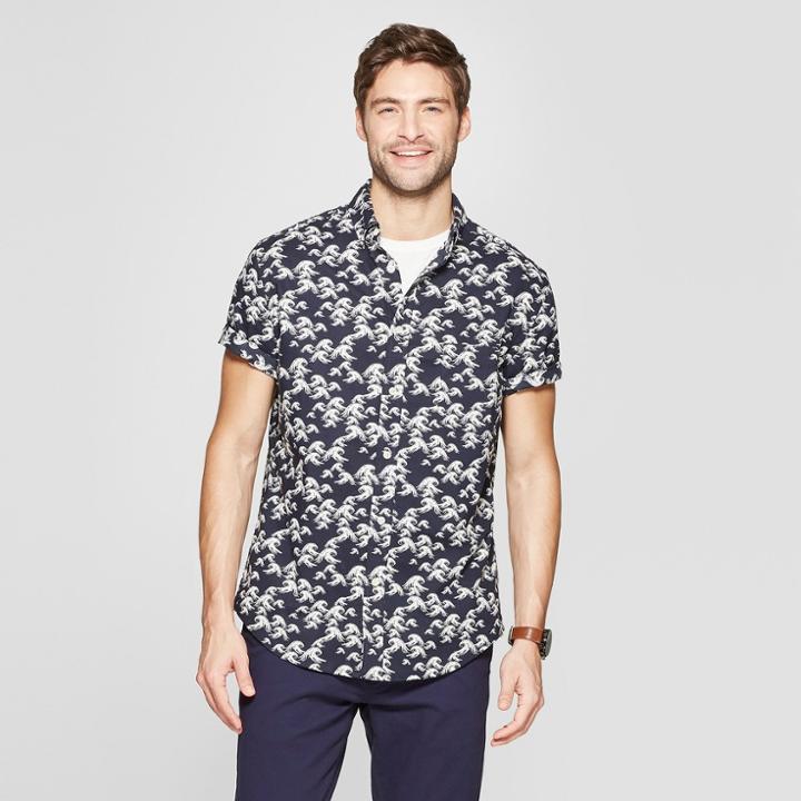 Men's Printed Standard Fit Short Sleeve Poplin Button-down Shirt - Goodfellow & Co Federal Blue