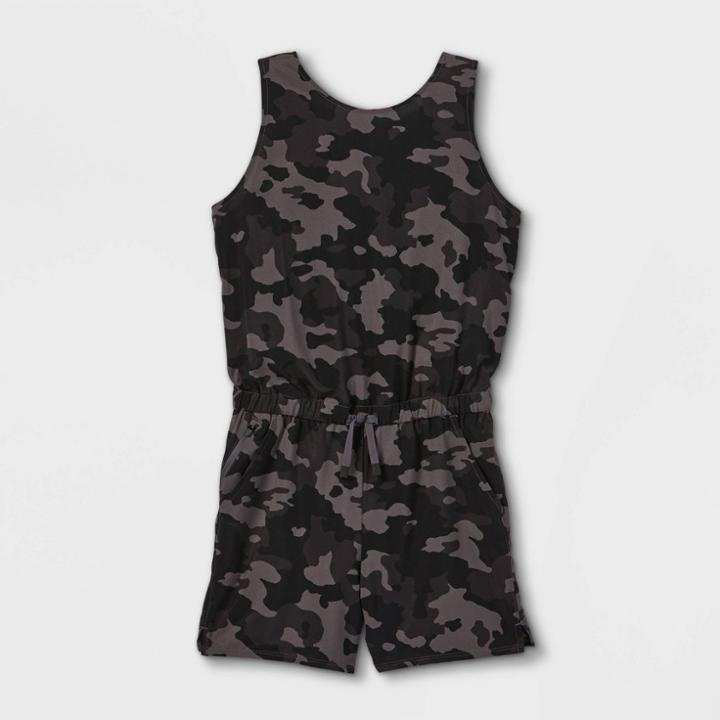 Girls' Stretch Woven Romper - All In Motion Camo Xs, Black/green