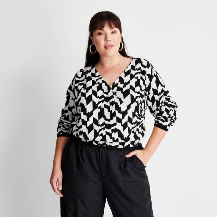 Women's Plus Size Asymmetrical V-neck Pullover Crop Sweater - Future Collective With Kahlana Barfield Brown Black/white Geometric