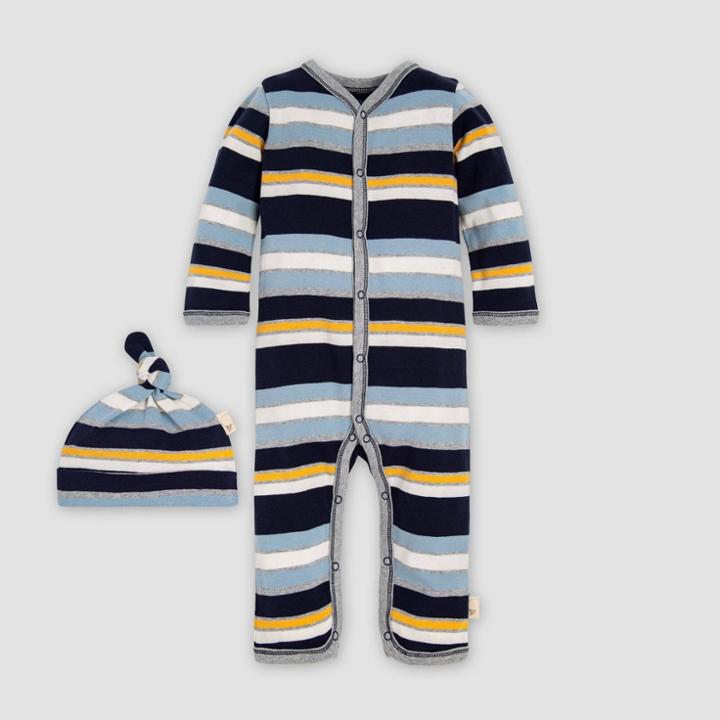 Burt's Bees Baby Baby Boys' Horizon Stripe Snap Front Organic Cotton Jumpsuit - Blue/yellow/gray