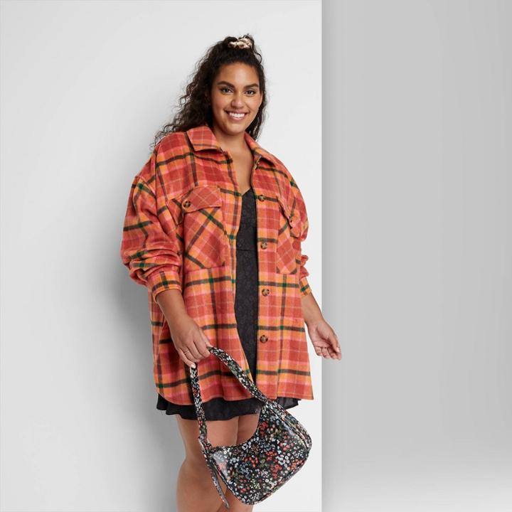 Women's Plus Size Shirt Jacket - Wild Fable Rust Plaid