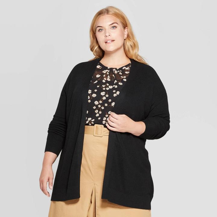 Women's Plus Size Long Sleeve Open Layering Lightweight Cardigan - Ava & Viv Black X