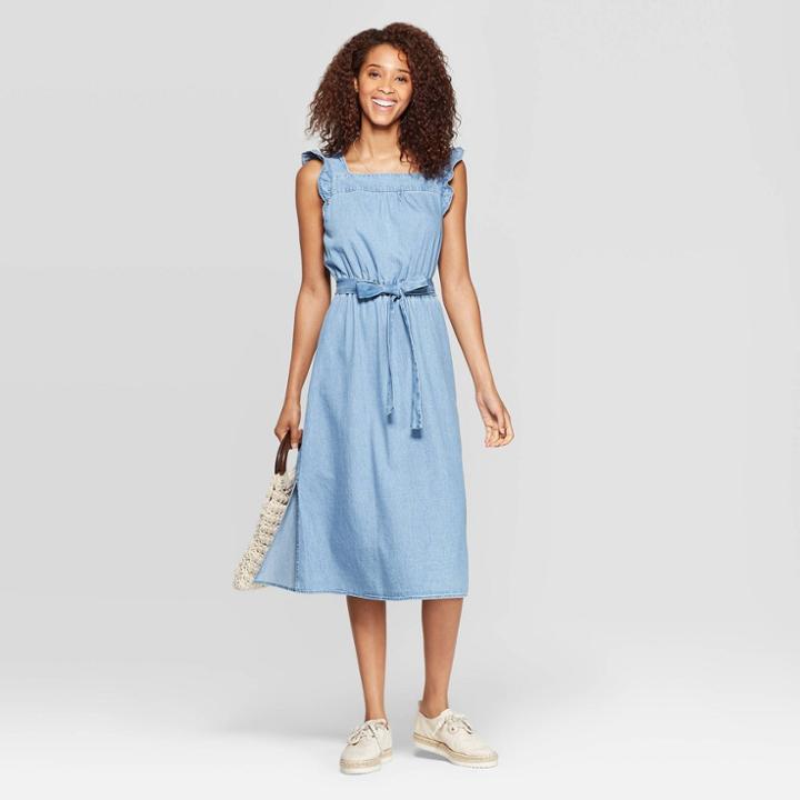 Target Women's Essentials Ruffle Sleeveless Square Neck Midi Denim Dress - Universal Thread Indigo