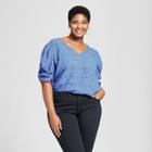 Women's Plus Size Polka Dot Pleated Elbow Length Sleeve Top - Ava & Viv Blue X