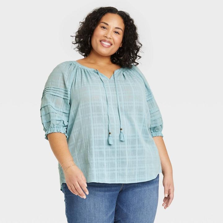 Women's Plus Size Puff Elbow Sleeve Blouse - Knox Rose Blue