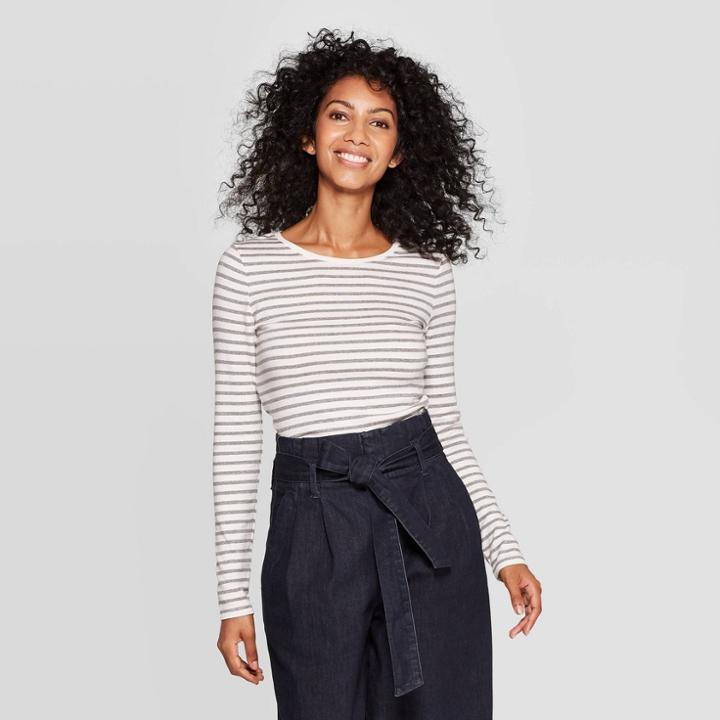 Women's Striped Regular Fit Long Sleeve Crewneck T-shirt - A New Day Cream M, Size: