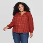Women's Plus Size 3/4 Sleeve Crewneck Button-front Peasant Top - Universal Thread Rust X, Red