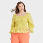 Women's Plus Size Puff 3/4 Sleeve Smocked Peplum Top - Who What Wear Yellow