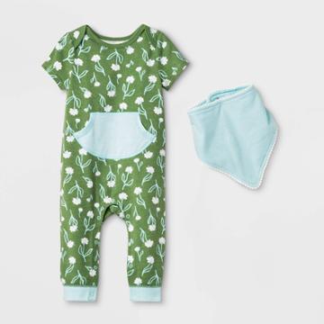Petitebaby Boys' Short Sleeve Floral Kanga Pocket Bib Romper - Cat & Jack Olive Green Newborn, Girl's