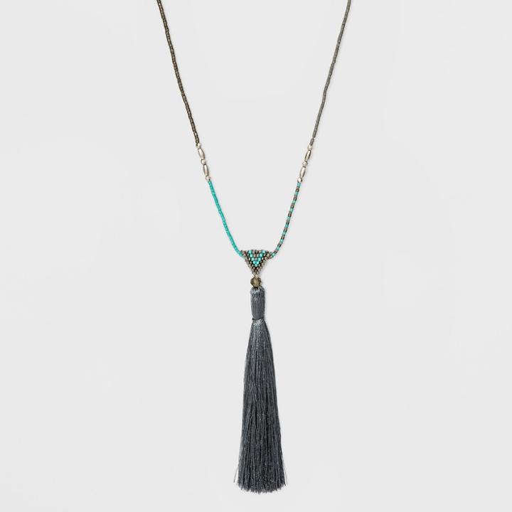 Delicate Beads And Fabric Tassel Long Necklace - Universal Thread Blue
