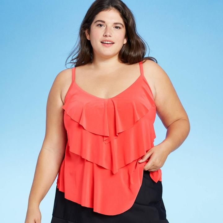 Women's Plus Size Tiered Tankini Top - Aqua Green Coral