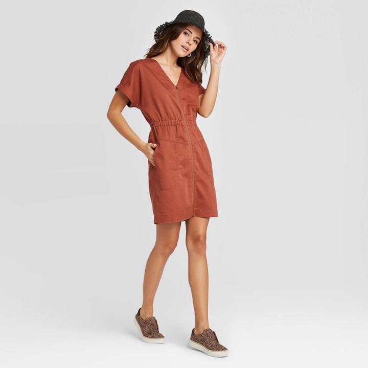 Women's Short Sleeve V-neck Zip-up Elastic Waist Dress - Universal Thread Brown Xs, Women's,