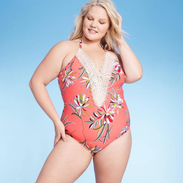 Women's Plus Lace Detail Halter One Piece Swimsuit - Sea Angel Floral Coral 1x, Women's, Size: