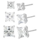 Distributed By Target Women's Sterling Silver Stud Earrings Set With 3 Pairs Or Square Cubic Zirconia - Silver, Silver/white Crystal