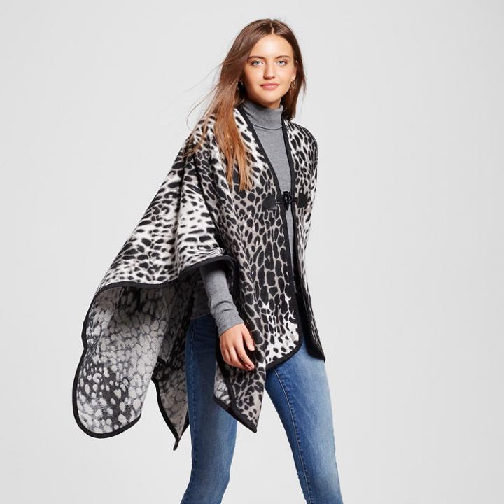 Women's Print Ruana Wrap With Toggle Closure Black - Sylvia Alexander