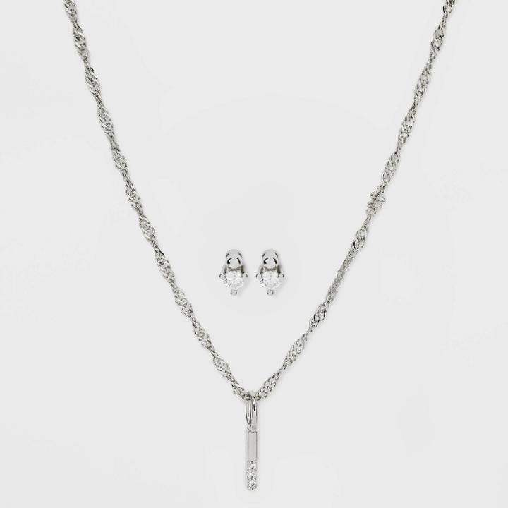 Silver Plated Cubic Zirconia 'i' Initial Earring And Pendant Necklace Set - A New Day
