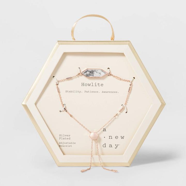 Boxed Hexagon With Howlite Semi-precious Stone Bolo Bracelet - A New Day White, Women's