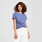 Women's Striped Short Sleeve Twist Front With Ruched Back T-shirt - A New Day Indigo/white